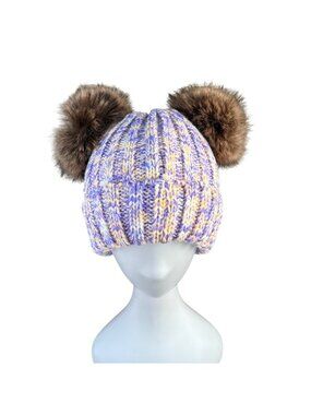 Simplicity Womens Lavender/Beige Knit Hat With Faux Fur Pom-Poms Warm Winter